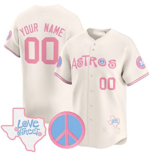 Custom H.Astros Love Street & Peace Sign Patch Bubblegum Pink Vapor Premier Limited Baseball Jersey