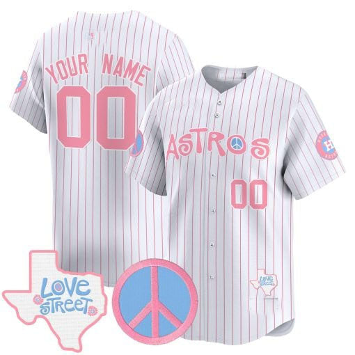 Custom H.Astros Love Street & Peace Sign Patch Bubblegum Pink Vapor Premier Limited Baseball Jersey
