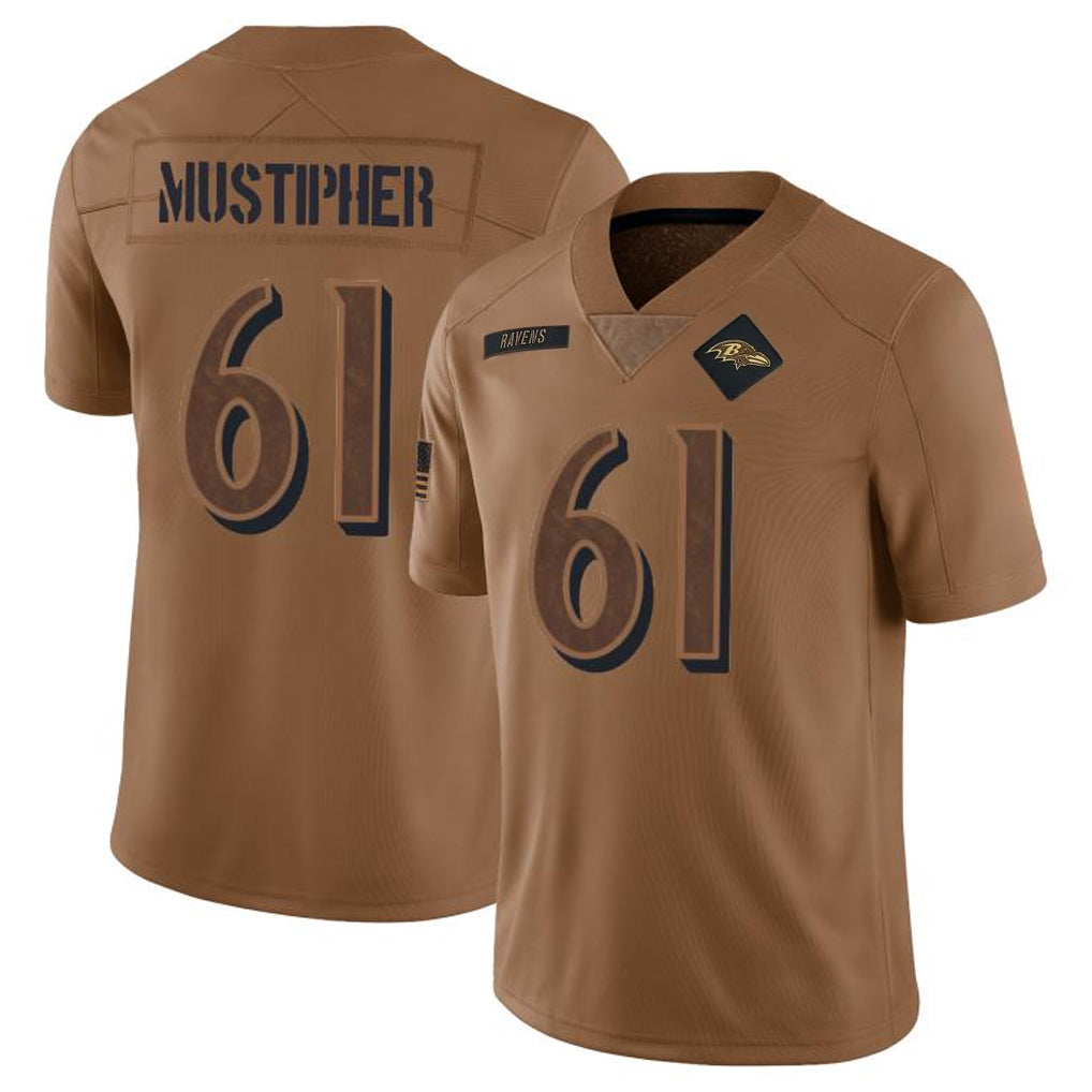 B.Ravens #61 Sam Mustipher Player Brown Salute To Service Limited Football Jerseys