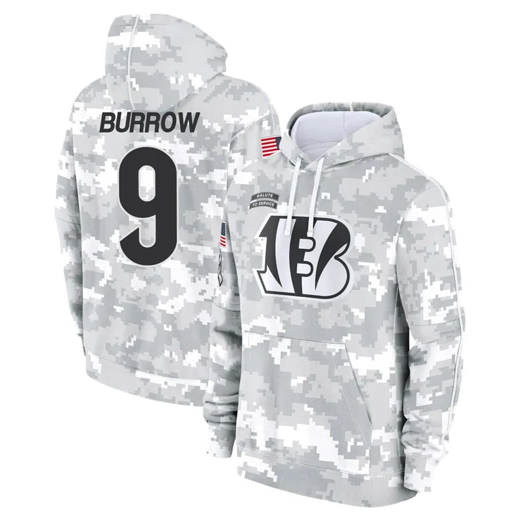 C.Bengals #9 Joe Burrow Player Arctic Camo Salute to Service Pullover Hoodie Football Jerseys