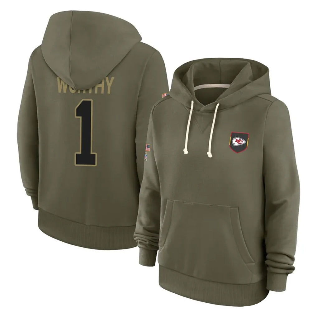 KC.Chiefs #1 Xavier Worthy Player Olive Salute to Service Hoodies Football Jerseys