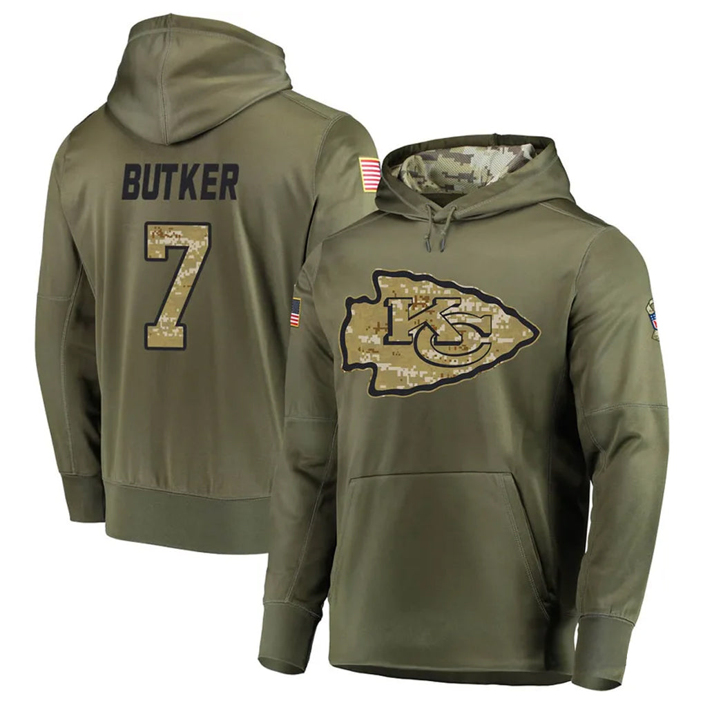 KC.Chiefs #7 Harrison Butker Player Salute to Service Limited Olive Hoodies Football Jerseys