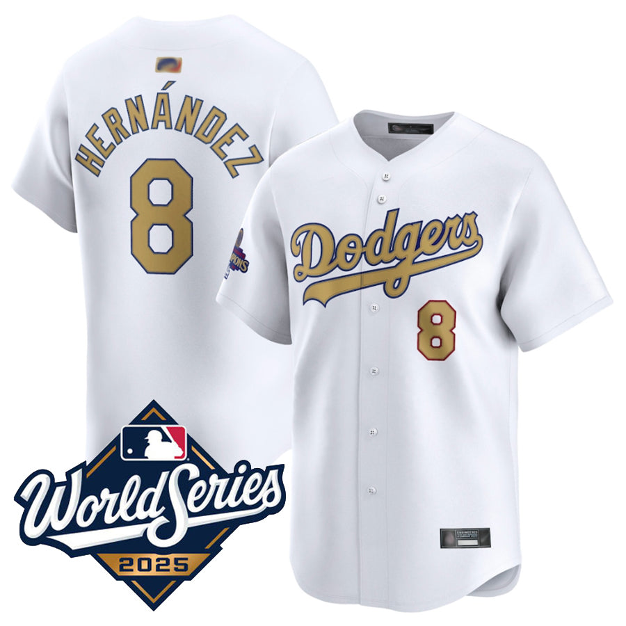 LA.Dodgers #8 Enrique Hern¡§¡éndez Player White Gold Collection Limited World Series Baseball Jerseys
