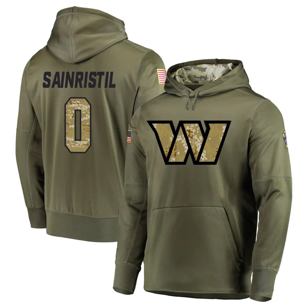 W.Commanders #0 Mike Sainristil Player Olive Salute to Service Hoodies Football Jerseys