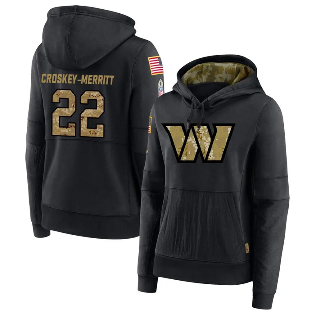 W.Commanders #22 Jacory Croskey-Merritt Player Black Salute to Service Hoodies Football Jerseys